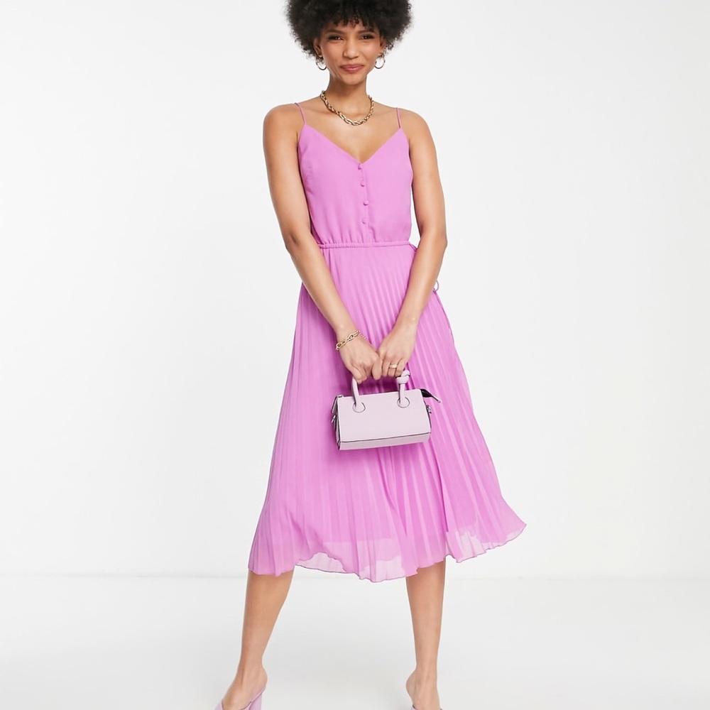 ASOS Pink Pleated Midi Dress with Sweetheart Neckline